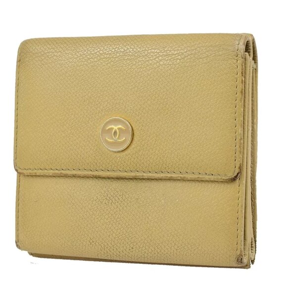 CHANEL CC Logo Trifold Compact Wallet Leather Beige GHW Italy 60ED012 - Picture 1 of 15